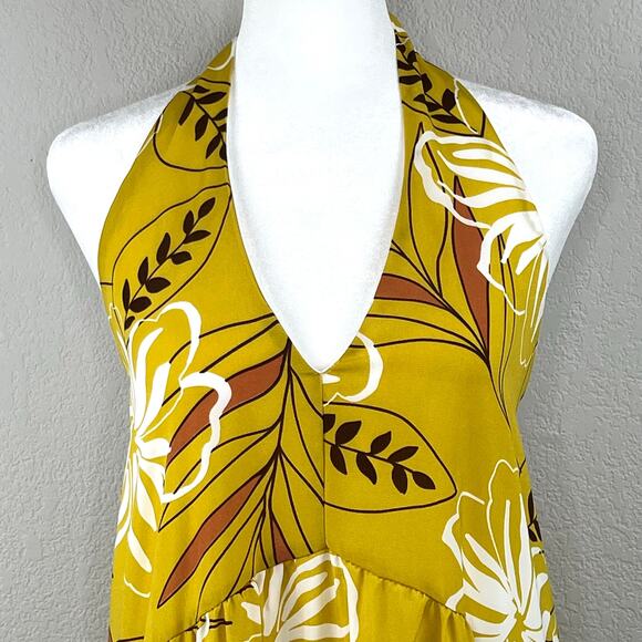 Mustard Yellow Boho Floral Backless Halter Tie Tiered Maxi Sundress Small New - Picture 8 of 14